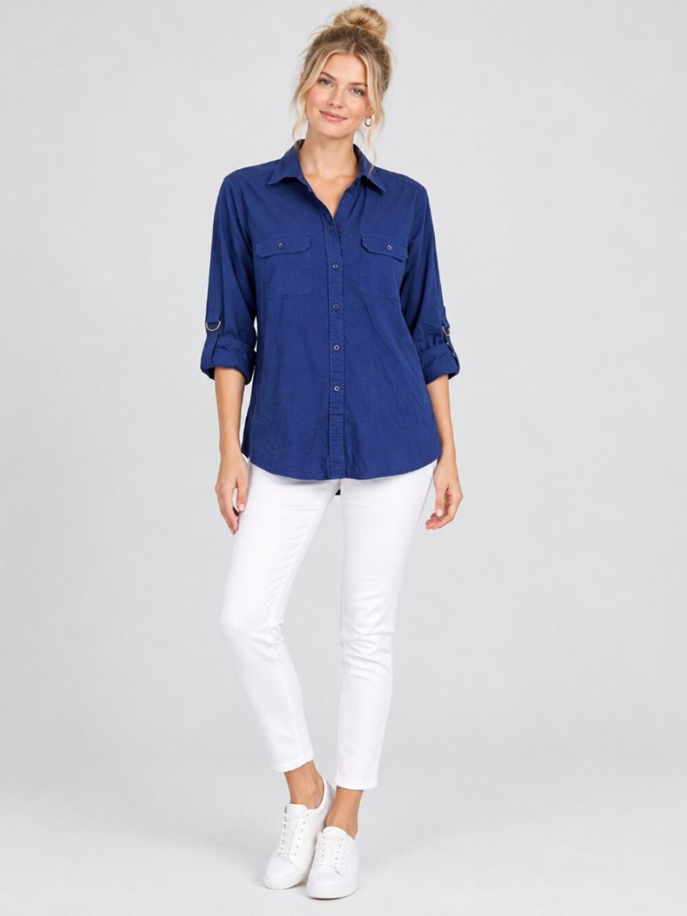 2/$30 Chico's Silky Soft Easy Shirt Utility Button-Down Nocturne Navy 4 #A4926
